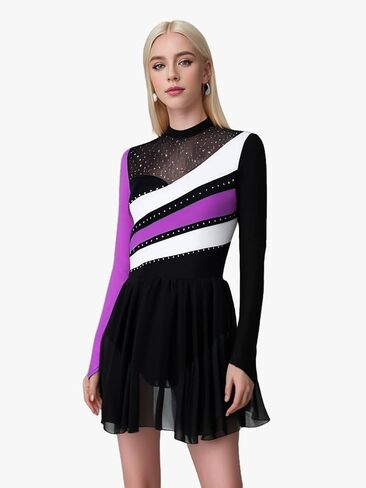 AFAVOM Figure Ice Skating Dress for Women's Long Sleeve Glitter Ballet Dance Dress Lyrical Gymnastics Competition Leotards in Saudi Arabia