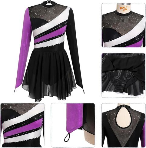 AFAVOM Figure Ice Skating Dress for Women's Long Sleeve Glitter Ballet Dance Dress Lyrical Gymnastics Competition Leotards in Saudi Arabia