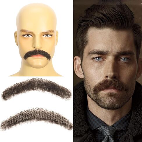 Svolna Human Hair Fake Beard and Mustache, Handmade Lace Realistic Facial Hair, Costume and Halloween Accessory (Brown on fake beard) in Kuwait