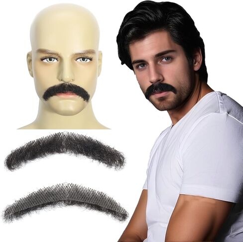 Svolna Human Hair Fake Beard and Mustache, Handmade Lace Realistic Facial Hair, Costume and Halloween Accessory (Brown on fake beard) in Saudi Arabia