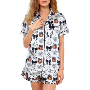 طقم بيجامة نسائي لطيف مكون من قطعتين Y2K بفيونكة مطبوعة من الساتان حريري بأكمام قصيرة وأزرار سراويل واسعة الساق ملابس Pjs للاستلقاء in Kuwait