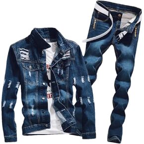 Mens Spring Spring Denim مجموعة من قطعتين عتيقة طويلة الأكمام ممزق السترة النحيفة جينز بدلة شحن مجموعات الشحن in Saudi Arabia