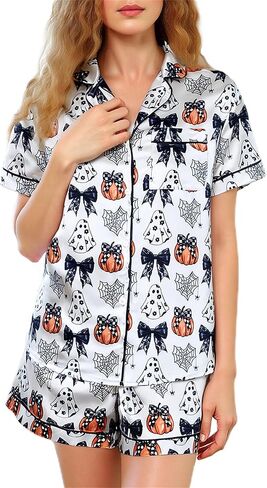 Women Cute Two Piece Pajama Set Y2K Bow Printed Satin Silky Short Sleeve Button Shirts Wide Leg Shorts Pjs Loungewear in Kuwait