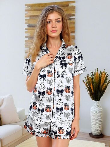 Women Cute Two Piece Pajama Set Y2K Bow Printed Satin Silky Short Sleeve Button Shirts Wide Leg Shorts Pjs Loungewear in Kuwait
