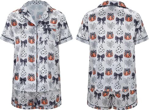 Women Cute Two Piece Pajama Set Y2K Bow Printed Satin Silky Short Sleeve Button Shirts Wide Leg Shorts Pjs Loungewear in Kuwait