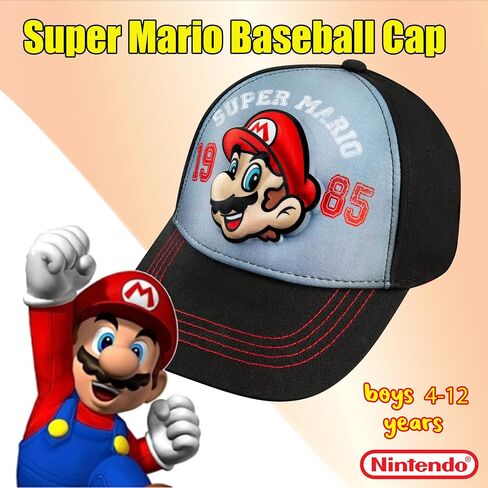Nintendo Super Mario Black and Red Baseball Cap - for Boys 4-12 Years - Super Mario and 1985 Classic Design - Adjustable - 100% Cotton in Saudi Arabia