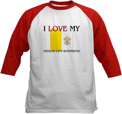 CafePress I Love My Vatican City Boyfriend Kids Baseball Jer Kids Cotton Baseball Jersey, 3/4 Raglan Sleeve Shirt in Kuwait