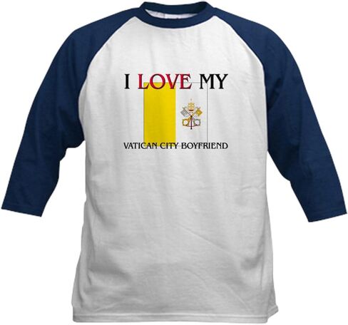 CafePress I Love My Vatican City Boyfriend Kids Baseball Jer Kids Cotton Baseball Jersey, 3/4 Raglan Sleeve Shirt in Kuwait