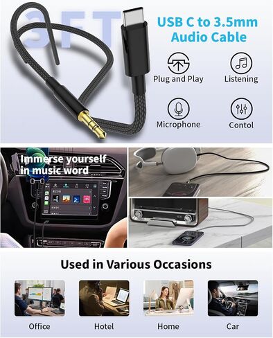 Aux to USB C, 2-Pack USB C to 3.5mm Audio Aux Jack Cable 3.3 ft, Type C to Aux Headphone Male Cord Car Aux Cable Compatible with iPhone 16 15/15Plus/Pro/Pro Max, Galaxy S24/23, iPad Pro Air Mini,Pixel in Kuwait