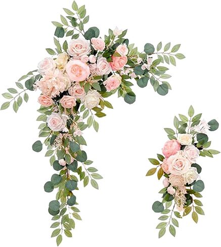 Artificial Wedding Arch Flowers Kit, 2 Pcs Garlands Silk Peony Flower Swag, Rustic Artificial Eucalyptus Greenery Floral Swag, Artificial Floral Garland Wreath for Wedding Ceremony Party Home(Pink) in Kuwait