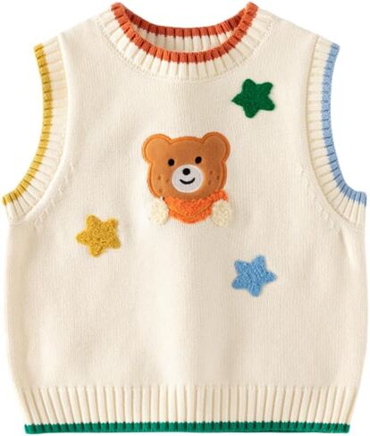 Irsutey Infant Boys Sweater Vest Cable Knit Cotton V Neck Pullover Sweater Vest Girls Cute Cartoon Bear Vest Sweaters in Saudi Arabia