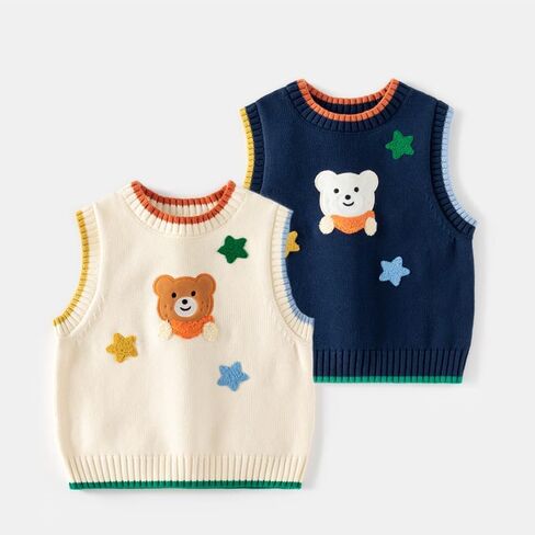 Irsutey Infant Boys Sweater Vest Cable Knit Cotton V Neck Pullover Sweater Vest Girls Cute Cartoon Bear Vest Sweaters in Saudi Arabia