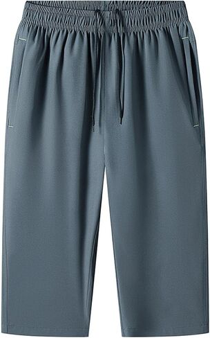 Men's Big and Tall Capri Pants 3/4 Below Knee Long Shorts Elastic Waist Jogging Gym Beach Cropped Pant with Pocket in Saudi Arabia