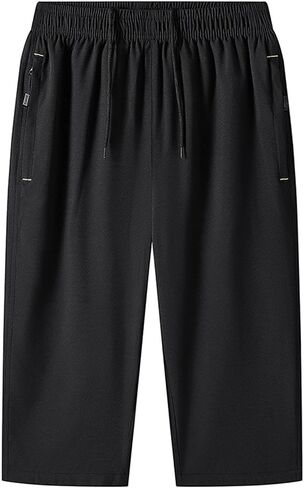 Men's Big and Tall Capri Pants 3/4 Below Knee Long Shorts Elastic Waist Jogging Gym Beach Cropped Pant with Pocket in Saudi Arabia
