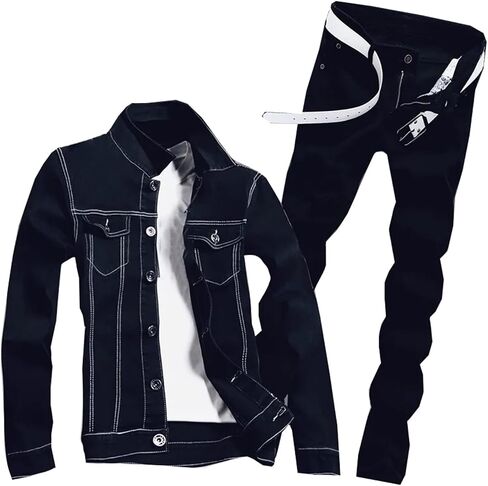 Mens Spring Denim Two Piece Set Vintage Long Sleeve Hole Ripped Slim Fit Jacket Jeans Suit Cargo Sets in Kuwait