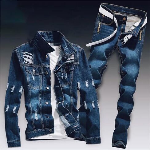 Mens Spring Denim Two Piece Set Vintage Long Sleeve Hole Ripped Slim Fit Jacket Jeans Suit Cargo Sets in Kuwait