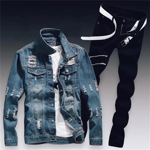 Mens Spring Denim Two Piece Set Vintage Long Sleeve Hole Ripped Slim Fit Jacket Jeans Suit Cargo Sets in Kuwait