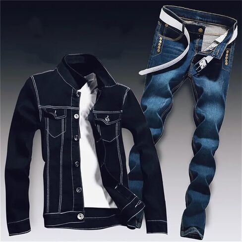 Mens Spring Denim Two Piece Set Vintage Long Sleeve Hole Ripped Slim Fit Jacket Jeans Suit Cargo Sets in Kuwait