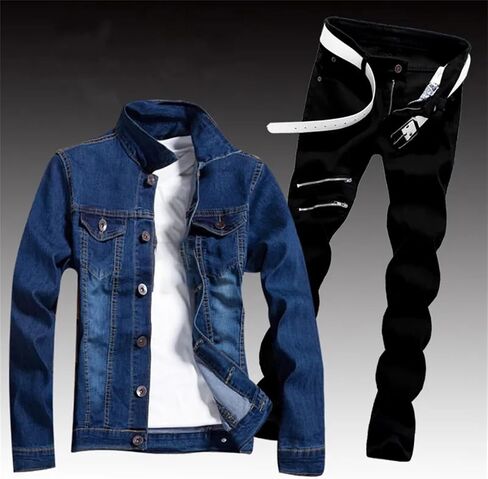 Mens Spring Spring Denim مجموعة من قطعتين عتيقة طويلة الأكمام ممزق السترة النحيفة جينز بدلة شحن مجموعات الشحن in Saudi Arabia