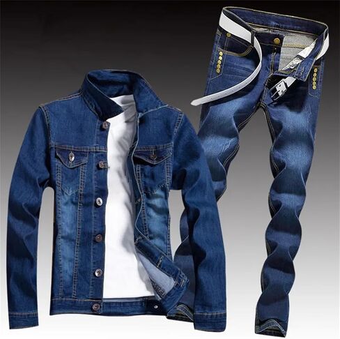 Mens Spring Spring Denim مجموعة من قطعتين عتيقة طويلة الأكمام ممزق السترة النحيفة جينز بدلة شحن مجموعات الشحن in Saudi Arabia