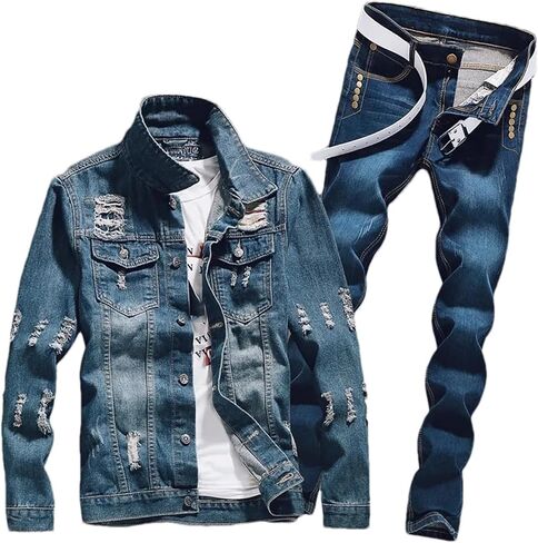 Mens Spring Denim Two Piece Set Vintage Long Sleeve Hole Ripped Slim Fit Jacket Jeans Suit Cargo Sets in Kuwait
