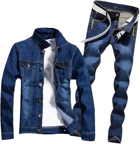 Mens Spring Denim Two Piece Set Vintage Long Sleeve Hole Ripped Slim Fit Jacket Jeans Suit Cargo Sets in Kuwait