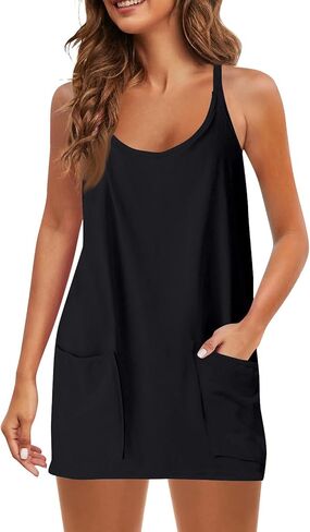 Womens Tennis Dress Workout Mini Dress Romper with Built in Shorts and Sleeveless Golf Athletic Dresses with Pockets in Saudi Arabia