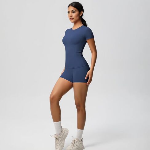 Women's 2-Piece Workout Set - Short Sleeve Yoga Tee & Shorts for Gym, Running, Fitness | Quick-Dry Activewear in Saudi Arabia