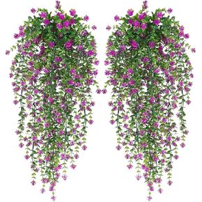 WEISPARK Artificial Hanging Flowers, 4pcs Fake Eucalyptus Vine Faux Flower Greenery Garland Plastic Plants for Indoor Outdoor Wall Garden Wedding Home Party Decor (Purple) in Kuwait