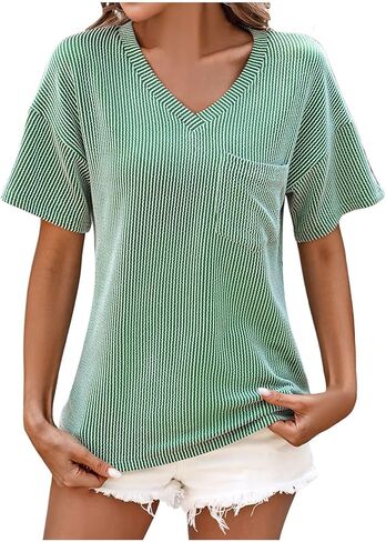 Women's Fashion Summer V Neck Color Block Pocket Short Sleeve Loose Pullover T Shirt Top Casual Women T Shirt in Saudi Arabia