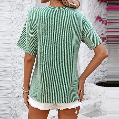 Women's Fashion Summer V Neck Color Block Pocket Short Sleeve Loose Pullover T Shirt Top Casual Women T Shirt in Saudi Arabia