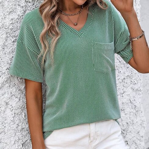 Women's Fashion Summer V Neck Color Block Pocket Short Sleeve Loose Pullover T Shirt Top Casual Women T Shirt in Saudi Arabia