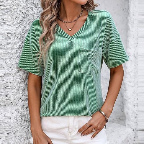 Women's Fashion Summer V Neck Color Block Pocket Short Sleeve Loose Pullover T Shirt Top Casual Women T Shirt in Saudi Arabia