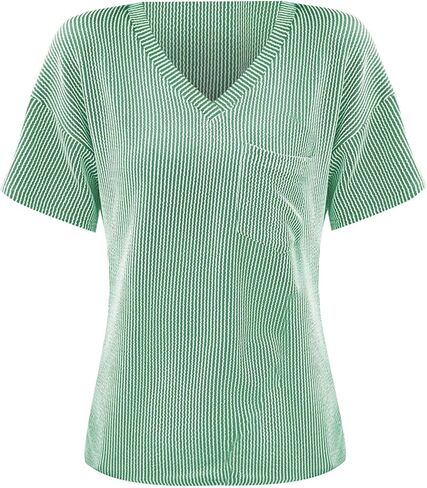 Women's Fashion Summer V Neck Color Block Pocket Short Sleeve Loose Pullover T Shirt Top Casual Women T Shirt in Saudi Arabia