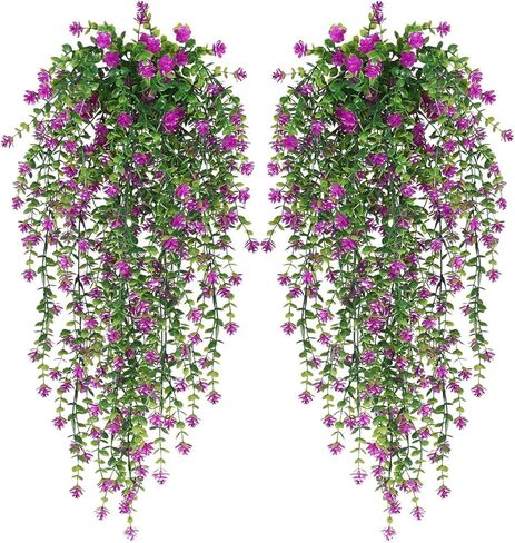 WEISPARK Artificial Hanging Flowers, 4pcs Fake Eucalyptus Vine Faux Flower Greenery Garland Plastic Plants for Indoor Outdoor Wall Garden Wedding Home Party Decor (Purple) in Kuwait