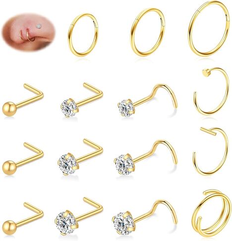 15pcs حلقات الأنف ترصيع الأطواق الأطواق - هيبوالرجينيك 14 كيلو الذهب مطلي أنف المسمار الأزرار 316L الجراحة الفولاذ المقاوم للصدأ الجراحية Zirconia body body مجوهرات L. in Kuwait