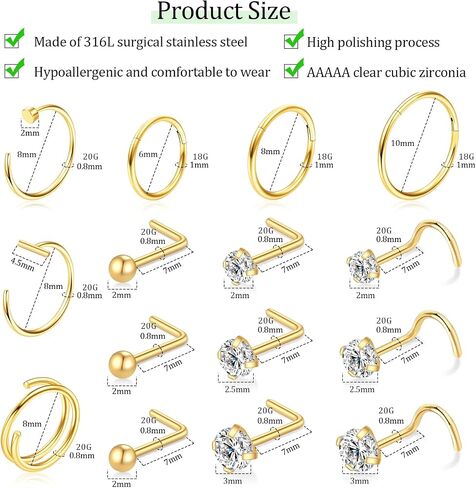 15pcs حلقات الأنف ترصيع الأطواق الأطواق - هيبوالرجينيك 14 كيلو الذهب مطلي أنف المسمار الأزرار 316L الجراحة الفولاذ المقاوم للصدأ الجراحية Zirconia body body مجوهرات L. in Kuwait