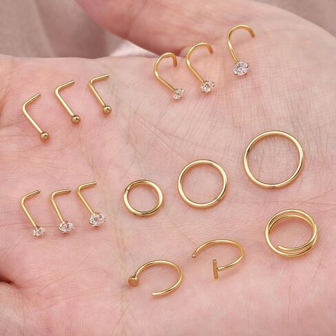 15pcs حلقات الأنف ترصيع الأطواق الأطواق - هيبوالرجينيك 14 كيلو الذهب مطلي أنف المسمار الأزرار 316L الجراحة الفولاذ المقاوم للصدأ الجراحية Zirconia body body مجوهرات L. in Kuwait