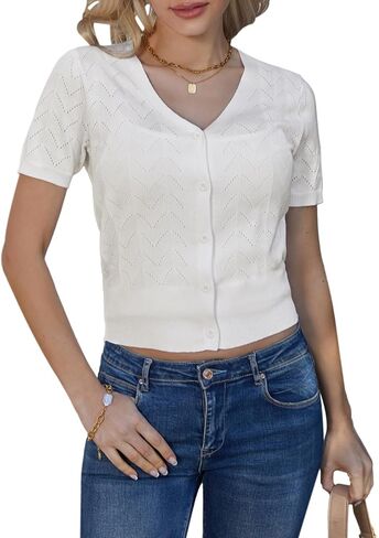 GRACE KARIN Women’s Short Sleeve 2024 Cropped Cardigans Button Down Boleros Sweaters Lightweight Hollowed-Out Knit Shrugs Light Blue 2XL in Saudi Arabia