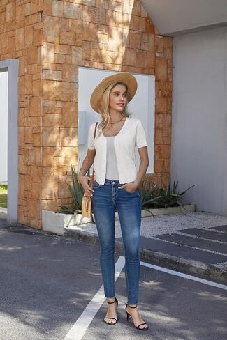 GRACE KARIN Women’s Short Sleeve 2024 Cropped Cardigans Button Down Boleros Sweaters Lightweight Hollowed-Out Knit Shrugs Light Blue 2XL in Saudi Arabia