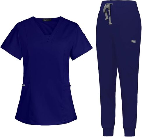 Scrub Set for Women Medical Nursing Uniform Natural Stretch Premium Modern Neck Top & Scrub Jogger Pants in Saudi Arabia
