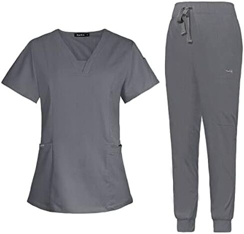 Scrub Set for Women Medical Nursing Uniform Natural Stretch Premium Modern Neck Top & Scrub Jogger Pants in Saudi Arabia