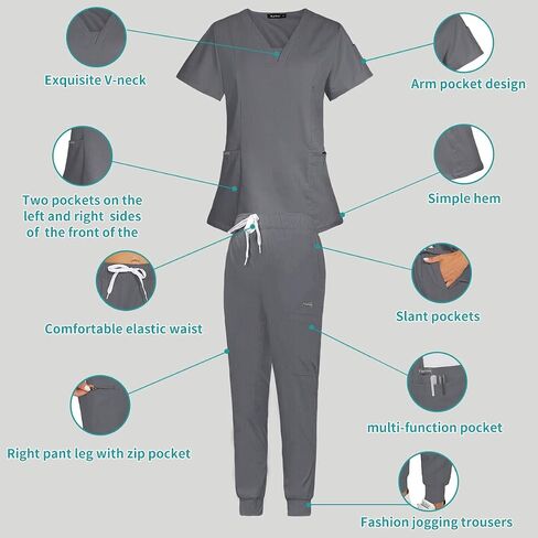 Scrub Set for Women Medical Nursing Uniform Natural Stretch Premium Modern Neck Top & Scrub Jogger Pants in Saudi Arabia