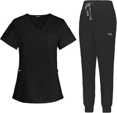 Scrub Set for Women Medical Nursing Uniform Natural Stretch Premium Modern Neck Top & Scrub Jogger Pants in Saudi Arabia