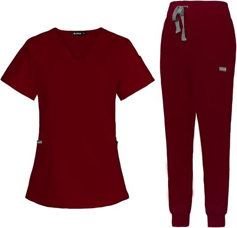 Scrub Set for Women Medical Nursing Uniform Natural Stretch Premium Modern Neck Top & Scrub Jogger Pants in Saudi Arabia