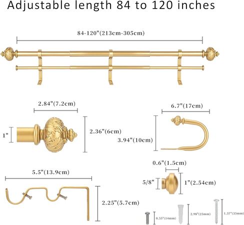 1" Double Curtain Rod with Albert Finials and holdbacks (Gold, 84''-120'') in Saudi Arabia