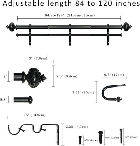 1" Double Curtain Rod with Albert Finials and holdbacks (Gold, 84''-120'') in Saudi Arabia