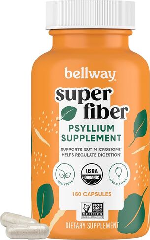 Bellway Super Fiber Capsules - USDA Organic Psyllium Husk Capsules - Daily Psyllium Husk Fiber Supplement for Digestive Health and Regularity - Plant Based, Non-GMO, Kosher - 160 Capsules in Saudi Arabia