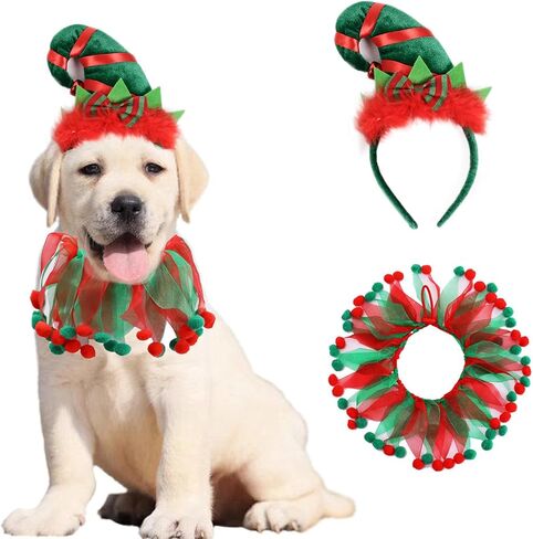 2PCS Dog Cat Christmas Costume Christmas Collar and Elf Headband Christmas Red and Green Collar Costume for Puppy Kitty Christmas Pet party Dress Xmas Set Clothes (B) in Saudi Arabia