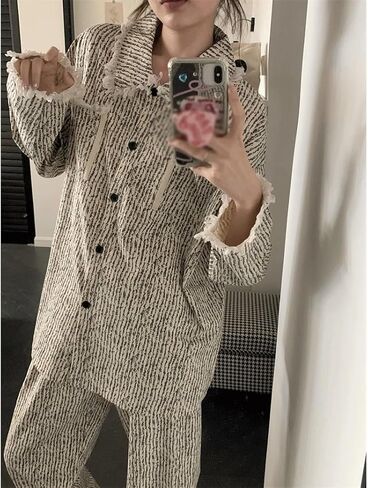 JSEIAJB Long Sleeved Pajamas Autumn Women's Casual Striped Cardigan Home Suit(X-Large) in Saudi Arabia